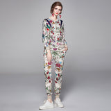 Znbbw Two Piece Set Women 2023 Fashion Autumn Winter Tracksuit Long Sleeve Floral Zipper Jacket Coat Top + Long Pants Set
