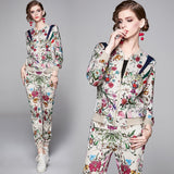 Znbbw Two Piece Set Women 2023 Fashion Autumn Winter Tracksuit Long Sleeve Floral Zipper Jacket Coat Top + Long Pants Set