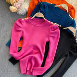 Znbbw Puff Long Sleeve Knitted Sweater Pullovers Girls Solid Buttons O-neck Streetwear Winter Sweaters Tops Jumpers Women