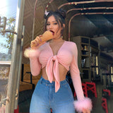 Znbbw long sleeve fur V-neck wrapped bandage sexy crop tops autumn winter women streetwear club party outfits T-shirts