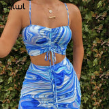 znbbw Summer Sexy 2 Two Piece Set Women Outfits 2023 Sleeveless Backless Crop Top Drawstring Mini Skirts Clubwear Matching Set