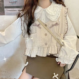 Znbbw Autumn Kawaii Sweater Vest Women Loose Bowknot Japanese Sweet Cute Knitted Vest Ruffle Korean Fashion Button-down Cardigan