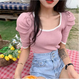 Znbbw Women Short Puff Sleeve Tee Shirts Lady Fashion Patched Square Collar Knit Stretchy Chic Crop Tops T-shirts For Girls Summer