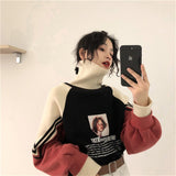 Znbbw Hoodie Sweatshirt Women Winter Oversized Tops Fashion Pattern Printed Pullover Autumn Turtleneck Clothing Warm Pullover