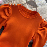 Znbbw Puff Long Sleeve Knitted Sweater Pullovers Girls Solid Buttons O-neck Streetwear Winter Sweaters Tops Jumpers Women