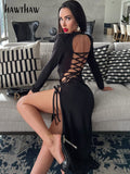 Znbbw Women Sexy Long Sleeve Hollow Out Party Club Bodycon Black Split Long Dress 2023 Spring Autumn Clothes Wholesale Items