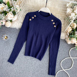 Znbbw Sleeve O-neck High Quality Sweater Shirts With Decorated Buttons Girls Stretchy Crop Tops Autumn Sweaters Pullovers Women