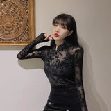 Znbbw Transparent Lace Blouses Shirts Tees Female Chinese Style Turtleneck Vintage Full Sleeve Black Blouses Tops For Women