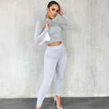 Znbbw 2-Pcs Women's Long Sleeve Sportswear Solid Color Elastic Crop Top Tight-fitting Long Pant Outfit Set