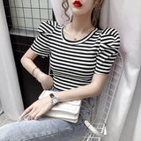 Znbbw Summer Girls O-neck T-shirts Tops Woman Slim Short Puff Sleeve Vintage Striped T-shirt Tee Female