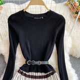 Znbbw 2023 Autumn Elegant Knitted Patchwork Contrast Pleated Dress Women Long Sleeve Office Lady Sweater Midi Dress With Belt