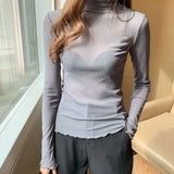 Znbbw M-3XL Girls Mesh Blouses Shirts Tees Female Autumn Transparent Full Sleeve Turtleneck Thin Blouse Tops Undershirts Women