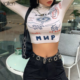 Znbbw Women Long Sleeve Turtleneck Letters Print Slim Sexy Skinny T-Shirt Fashion Spring New Streetwear Basic Hip Hop Top New