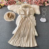 Znbbw Lotus Leaf Off-shoulder Sling Pleated Vestidos Women's Elegant Temperament Waist Slimming Midi Dress GK660