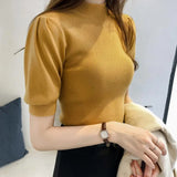 Znbbw Turtleneck Knitted T-shirts Tops Woman Slim Short Puff Sleeve Buttons Soft Solid Autumn T-shirt Tee Female