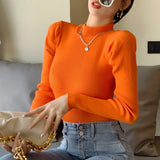 Znbbw Puff Long Sleeve Turtleneck Knitted Sweater Pullovers Girls Solid Stretchy Streetwear Winter Thick Tops Jumpers Women