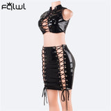 znbbw Fall Hollow Out Bandage Black PU Faux Leather Dress Suits Sexy 2 Two Piece Sets Womens Mini Skirts Sleeveless Crop Top
