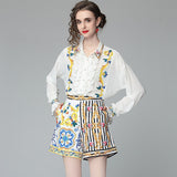 Znbbw Summer Runway Flower Print Two-piece Set Women Flare Sleeve Ruffles Shirt Top and Stripe Pocket Shorts Suits Set N56608