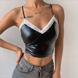 Znbbw Lace Patchwork PU Leather Camisole Women Sleeveless V Neck Slim Fit Black Crop Top Club Street Fashion Tank Tops Streetwear