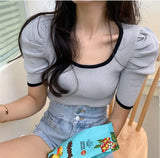 Znbbw Women Short Puff Sleeve Tee Shirts Lady Fashion Patched Square Collar Knit Stretchy Chic Crop Tops T-shirts For Girls Summer