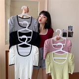 Znbbw Women Short Puff Sleeve Tee Shirts Lady Fashion Patched Square Collar Knit Stretchy Chic Crop Tops T-shirts For Girls Summer