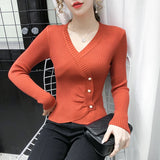 Znbbw new bottoming sweater shirt women's long-sleeved knitted crossed v-neck buttons sweaters jumpers crop tops