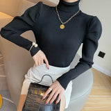 Znbbw Puff Long Sleeve Turtleneck Knitted Sweater Pullovers Girls Solid Stretchy Streetwear Winter Thick Tops Jumpers Women