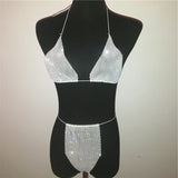 Znbbw Bling Rhinestones Fishnet Bikini Women Halter Bra Sexy Panty 2 Piece Outfits Lady Lingerie Set Sexy Swimwear Women