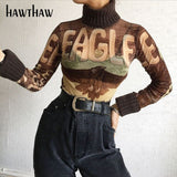 Znbbw Women Fashion Long Sleeve Mesh See Through Letter Printed T Shirt Tops 2023 Spring Autumn Clothes Wholesale Items
