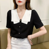 Znbbw Women Black Blouse Short Sleeve V-Neck Chiffon Blouse Shirt Tops Blouse Women Blusas Mujer De Moda 202 Blouses Femme F59