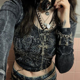 Znbbw Rhinestone Print Grunge Clothes Aesthetic Fairycore Retro Long Sleeve Crop Tops Tee Vintage Harajuku Cute Tshirts