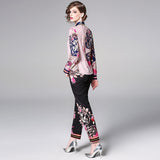 Znbbw Fashion Designer Runway Suit Sets 2023 Spring Long Sleeve Floral Bow Print Tops + Long Pants 2 Piece Set Women B7586