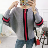 Znbbw New Autumn Winter Women Sweater Pullover Stripe Contrast Color Bat Sleeve Knitted Jumper Loose Short Tops Outwear Pull Femm