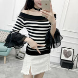 Znbbw Women Fashion Slim Knitting Off-shoulder Flare Chiffon Sleeve T shirts Tops Girl Knitted Patchwork Slash Neck Tees FL4730