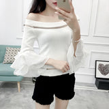 Znbbw Women Fashion Slim Knitting Off-shoulder Flare Chiffon Sleeve T shirts Tops Girl Knitted Patchwork Slash Neck Tees FL4730