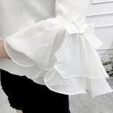 Znbbw Women Fashion Slim Knitting Off-shoulder Flare Chiffon Sleeve T shirts Tops Girl Knitted Patchwork Slash Neck Tees FL4730