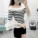 Znbbw Women Fashion Slim Knitting Off-shoulder Flare Chiffon Sleeve T shirts Tops Girl Knitted Patchwork Slash Neck Tees FL4730