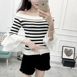 Znbbw Women Fashion Slim Knitting Off-shoulder Flare Chiffon Sleeve T shirts Tops Girl Knitted Patchwork Slash Neck Tees FL4730