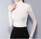 Znbbw S-4XL Women Turtleneck Slim Soft Full Sleeve T Shirts Lady Mesh Elegant Elastic Tops Tees For Women