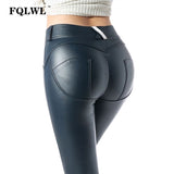 znbbw PU Faux Leather Pants Women Elastic Waist Hip Push Up Black Sexy Female Leggings Jegging Casual Blue Skinny Pencil Pants 914