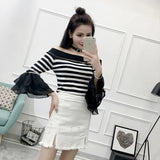Znbbw Women Fashion Slim Knitting Off-shoulder Flare Chiffon Sleeve T shirts Tops Girl Knitted Patchwork Slash Neck Tees FL4730