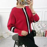 Znbbw New Autumn Winter Women Sweater Pullover Stripe Contrast Color Bat Sleeve Knitted Jumper Loose Short Tops Outwear Pull Femm