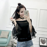 Znbbw Women Fashion Slim Knitting Off-shoulder Flare Chiffon Sleeve T shirts Tops Girl Knitted Patchwork Slash Neck Tees FL4730