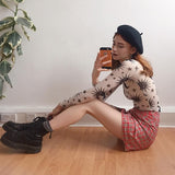 Znbbw Moon Printed Transparent Mesh Sexy T-Shirt Women O-Neck Long Sleeve Slim Basic Casual Female Tops 2023 Spring New