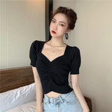 Znbbw Puff Short Sleeve V-neck Knitted T-shirts Girls Solid Stretchy Crop Tops Thin Knitwear For Women