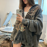 Znbbw style Streetwear Skeleton harajuku zip-up loose skull print goth long sleeve hooded coat retro shirt student girl top