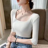 Znbbw Sleeve Square Collar Slim Cotton T-shirt Tee Girls Solid Summer Basic High Elasticity Tshirts Crop Tops For Women