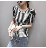 Znbbw Summer Girls O-neck T-shirts Tops Woman Slim Short Puff Sleeve Vintage Striped T-shirt Tee Female