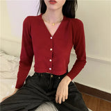 Znbbw Women V-Neck Knitted Casual Short Sweaters Cardigans Lady Full Sleeve Thin Cardigan Outwear Crop Top for Female