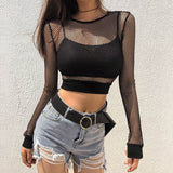 Znbbw Black Hollow Out Mesh T-Shirt Female Skinny Crop Top 2023 New Fashion Summer Basic Tops For Women Fishnet Shirt